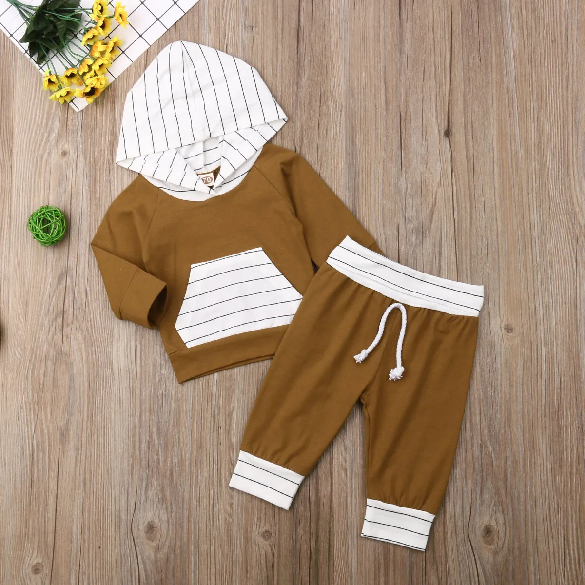 Emmaaby/Одежда для новорожденных мальчиков и девочек от 0 до 24 месяцев, топы с капюшоном и длинными рукавами, длинные штаны, комплект из 2 предметов комплект осенней одежды