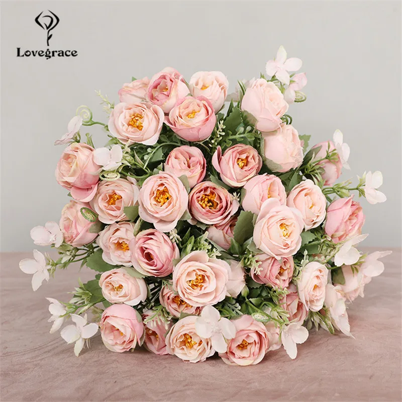 Lovegrace Small Bunch Artificial Flower 5 Forks Silk Rose Mini Bouquet Wedding Girl Holding Flower Fake Rose Wedding Home Decor