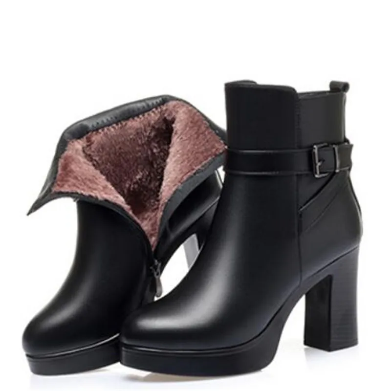 New Elegance Black 100% Genuine Leather Boots Women Shoes High Heeled Boots Warm Wool / Plush Winter Snow Boots Women's Boots