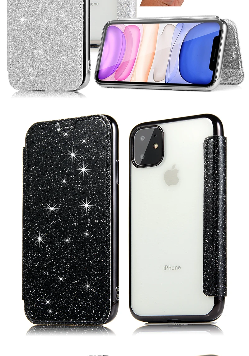 Bling Glitter Leather Flip Wallet Case For iPhone 13 Pro 12 11 Pro Max X XR XS MAX 8 7 Plus 6s SE 2020 Clear Back Soft TPU Case iphone 13 cover