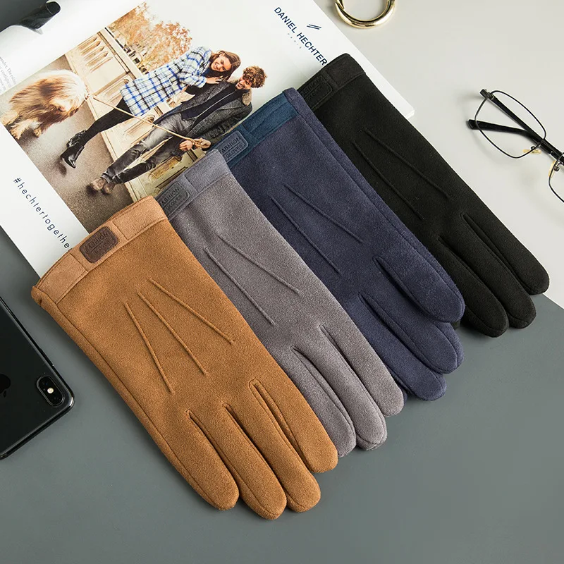 Suede Man Winter Keep Warm Touch Screen Gloves Fashion Add Cashmere Outdoor Windproof Mens Gloves Leisure Cycling