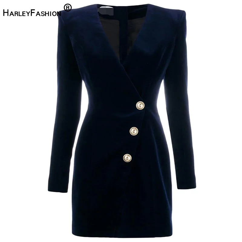 

HarleyFashion Luxury Designer Women Stylish V-neck Solid Slim Straight High Street Spring Velvet Blue Mini Dress