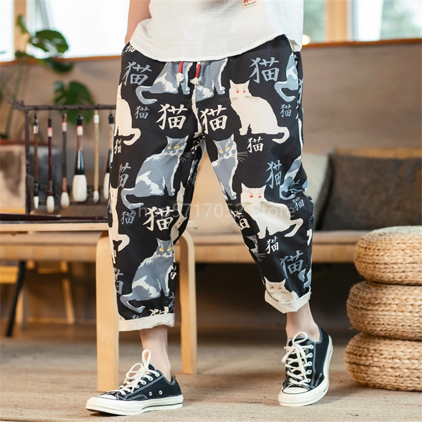 

Men Japanese Vintage Style Lovely Print Fashion Kimono Cat Pants Samurai Haori Haram Trousers Harajuku Asian Clothes Yukata