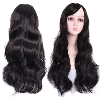 

WEILAI Wigs for Women Natural Black Long Hair Girl Big Wave Curly Black Long Hair with Bangs Average Size Hair Net Synthetic Wig