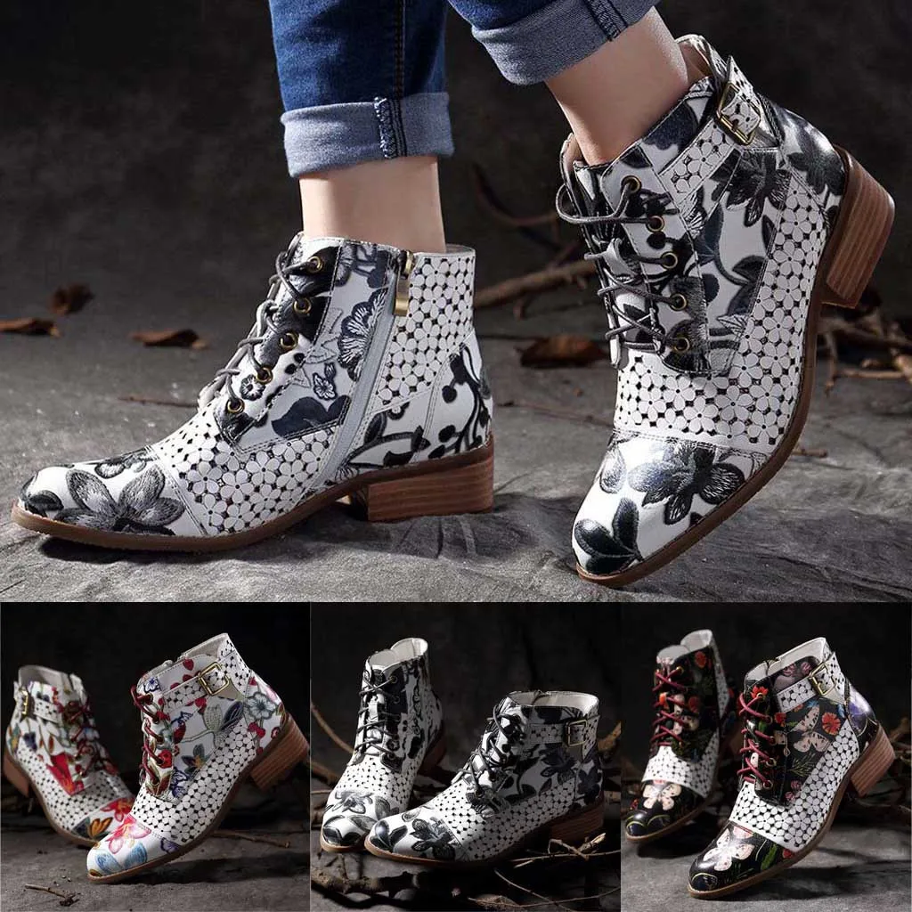 Женские ботинки; Модные ботильоны из телячьей кожи на шнуровке с цветочным узором; женская обувь; большие размеры; M50