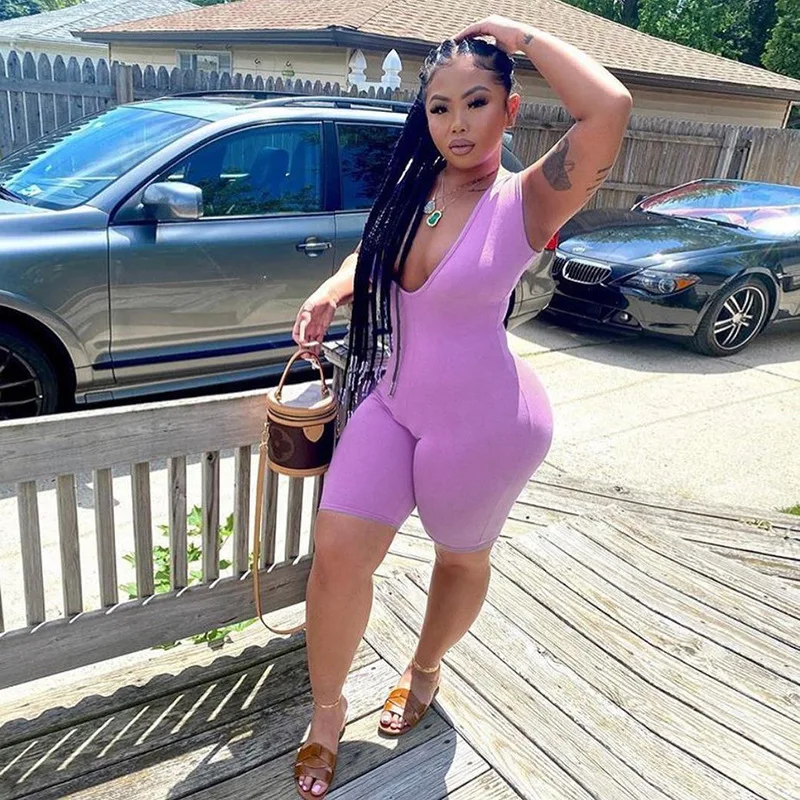 Casual Sporty Fitness Romper Playsuits Sexy Deep V Neck Sleeveless Women Bodycon Push Up Active Wear Biker Shorts Playsuits
