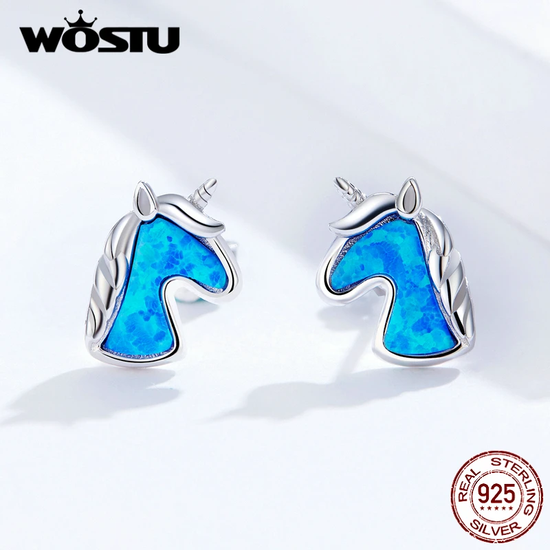 WOSTU настоящее 925 пробы серебряные синие единорог опал серьги-гвоздики для женщин