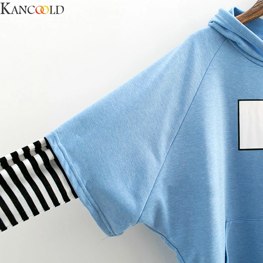 KANCOOLD Женская толстовка с капюшоном с длинным рукавом укороченная Лоскутная Блузка пуловер Топы толстовка корейский стиль синий черный белый#1