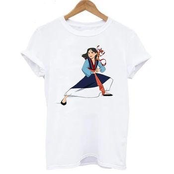 

LUSLOS Women T Shirt Short Sleeve Casual White T-shirt Mulan Printed Female Streetwear Tee Tops Women Clothes Plus Size