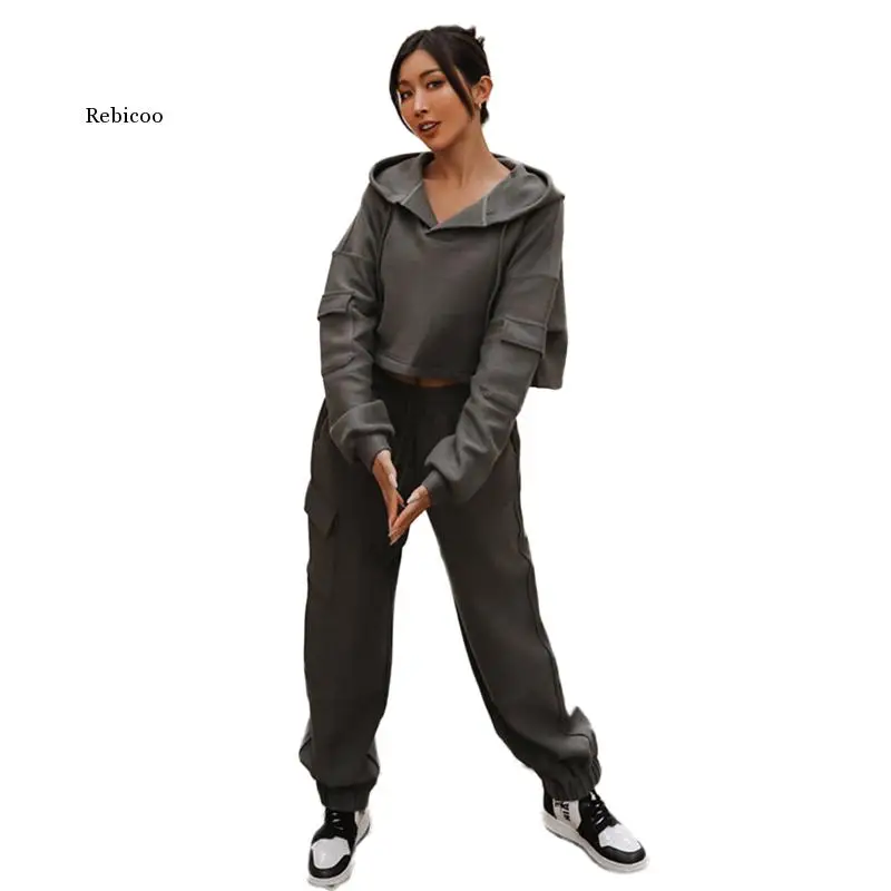 

Women Autumn Winter 2 Piece Set Short Crop Top Sweatshirt Sweatpants Loose Casual Leisure Y2K Aesthetic Female Pullover Set