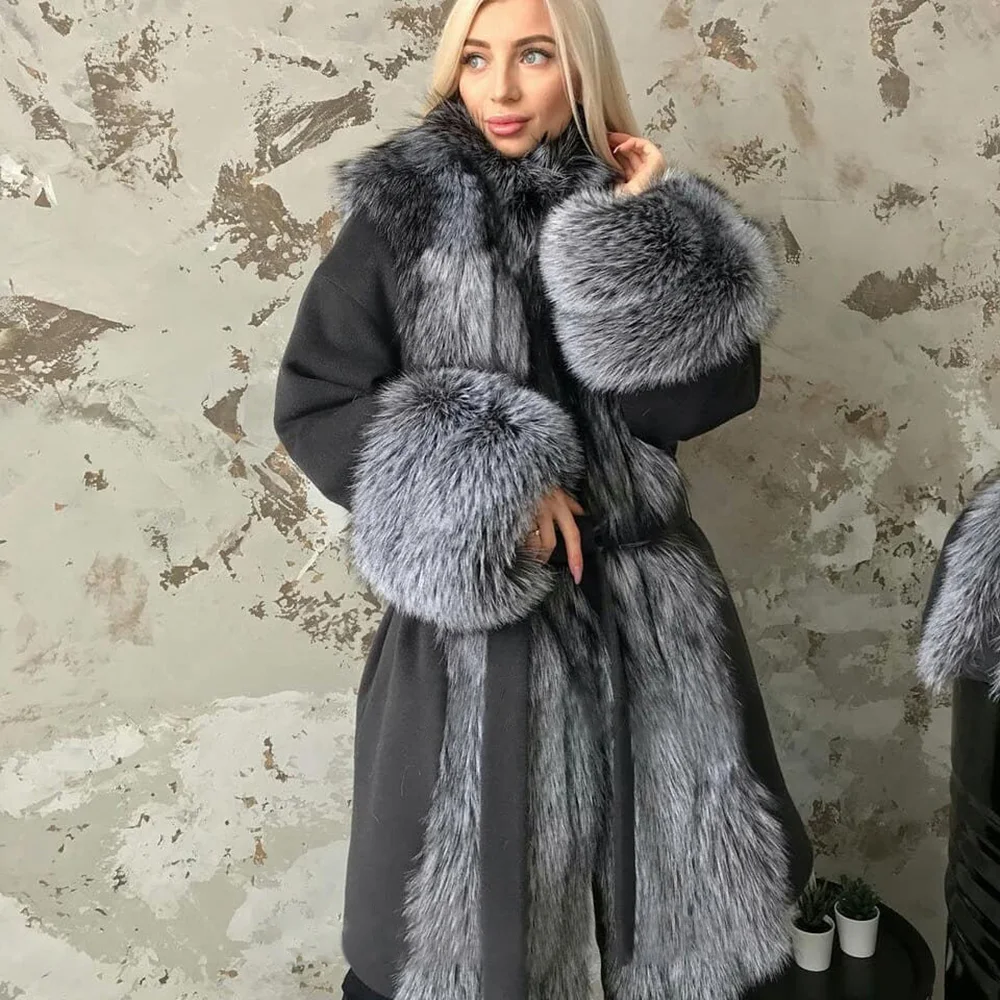 90cm long Пальто с натуральным мехом, зимняя женская куртка из натурального Лисьего меха, Кашемировое шерстяное пальто, женская повседневная верхняя одежда, пальто с поясом - Цвет: 90cm long