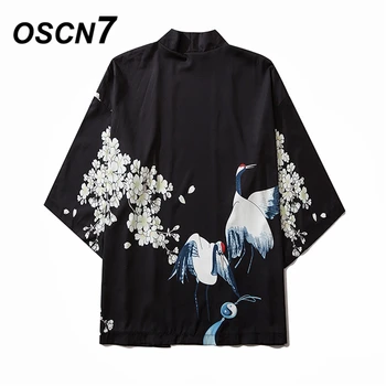 

OSCN7 Printed Kimono Cardigan Shirt Men 2020 Japanese Streetwear Three Quarter Sleeve Coat Shirts Harujuku Mens Shirt 6049