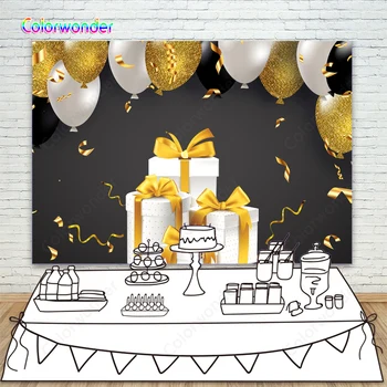 

Happy Birthday Ribbon Golden White Black Balloon Backdrops White Gift Box Christmas Party Celebration Photo Studio Background