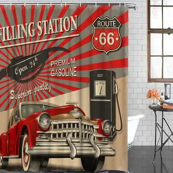 

1950s American Vintage Car Poster Shower Curtains for Bathroom Decor Retro Filling Station Polyester Fabric Waterproof Bath