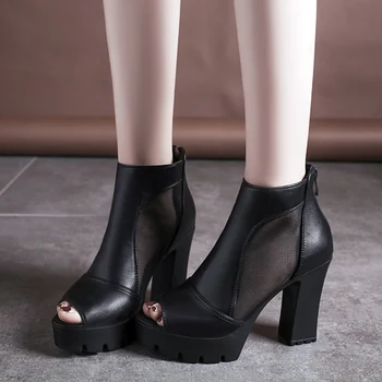 

Rimocy Black Leather High Heels Sandals Women Sexy Peep Toe Mesh Patchwork Platform Sandalias Woman Fashion Zipper Ankle Boots
