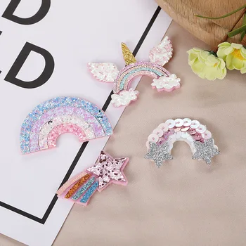 

20pcs/lot Glitter Fabric Appliques Cartoon Unicorn Padded Patches for Wall Clothes Stickers DIY Hair Clips decoration