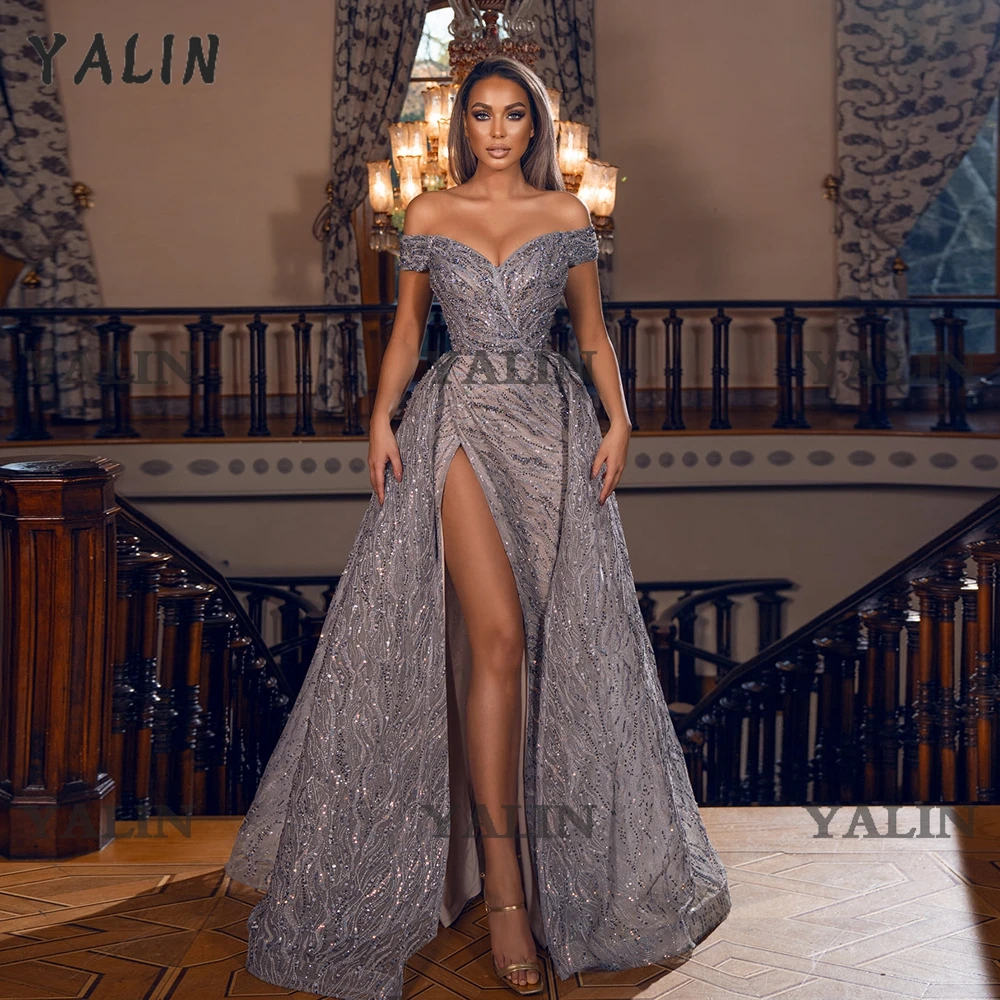 YALIN Sparkle Mermaid Split Evening Dresses Off The Shoulder Beaded Sequined Lace African Plus Size Pageant Gown Robe De Soiree