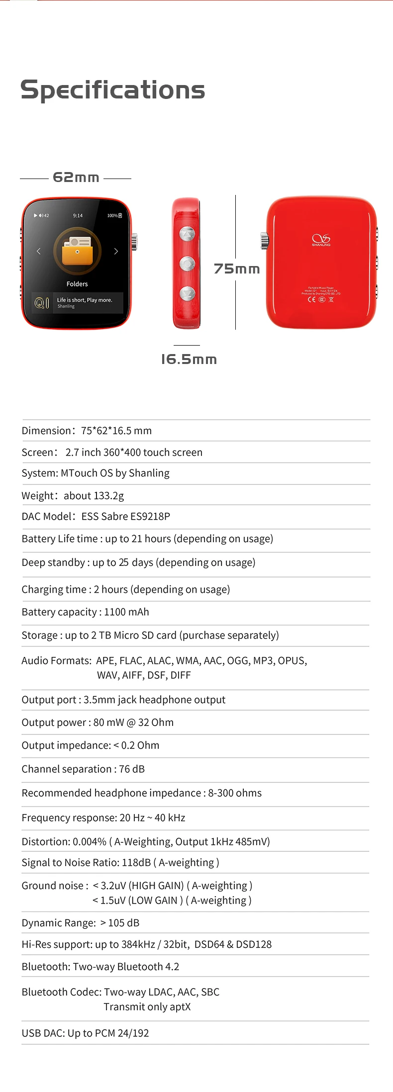Shanling Q1 Portable Player ES9218P DAC/AMP Two-Way Bluetooth Hi-Res 32Bit/ 384KHZ HiFi Music Player mp3 player online