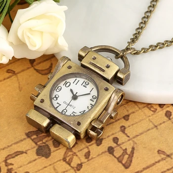 

Robot Shape Quartz Pocket Watch Creative Open Face Square Dial with Arabic Numerals Pendant Necklace Watch Toys for Boys Girls