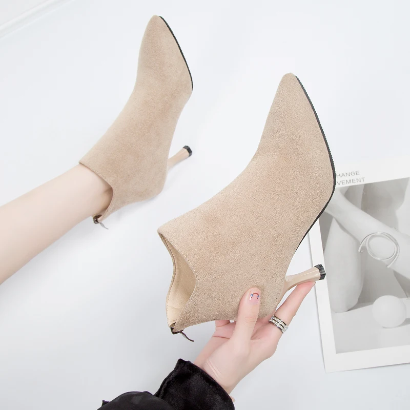 Cresfimix Botas De Mujer; женские классические Бежевые ботинки на высоком каблуке-шпильке с молнией сзади; женские модные красивые зимние ботинки из флока черного цвета; B7035