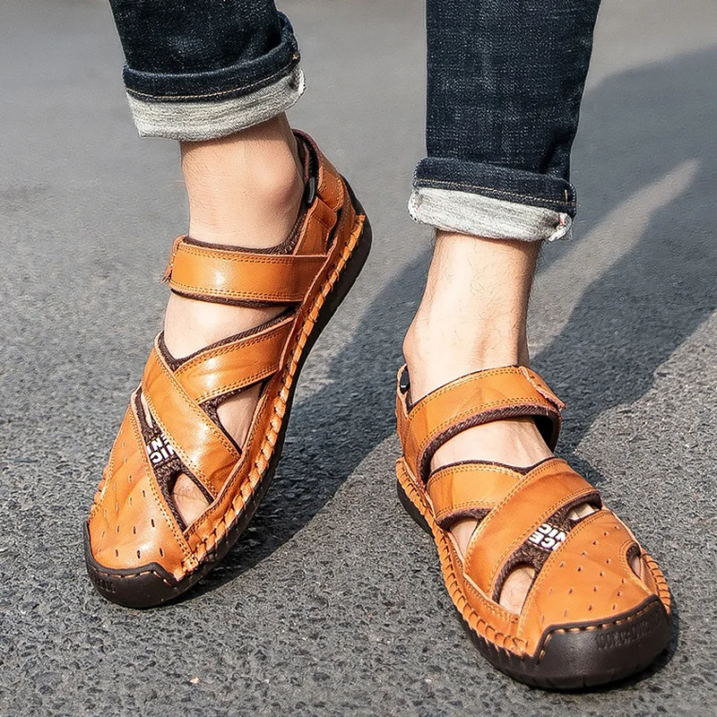 

Men's Sandals Leather Summer Wedges Large Size 45-48 Soft Beach Sandals For Men Hollow Sewing Brown Driving Shoes Male