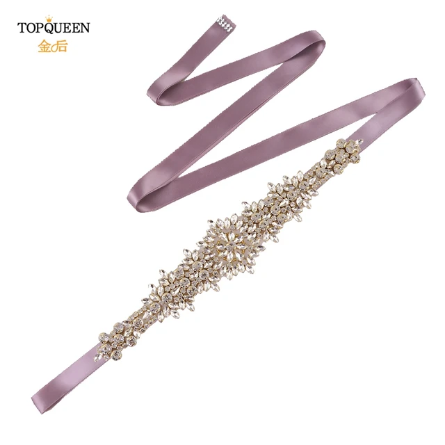 TOPQUEEN S319-G Plus Size Bridal Gowns Belts Golden Belts for Women Rhinestones Belt Girlfriend Luxury Ribbon Belt Wedding Sash Antique Voilet