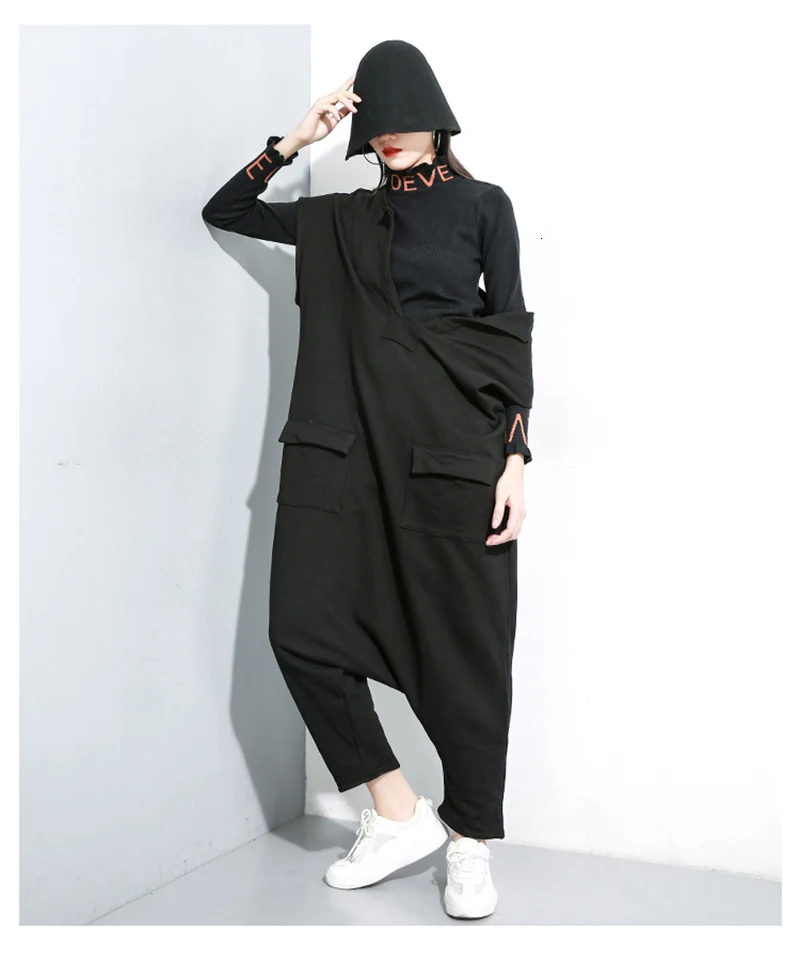 [EAM] женский черный комбинезон свободного кроя с карманами и разрезом большого размера, новинка, штаны с высокой талией и карманами, модные весенне-осенние 1K031