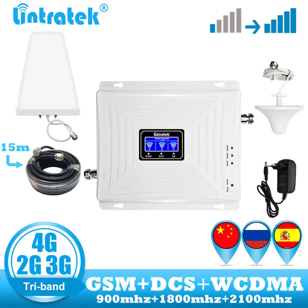 Усилитель сотового сигнала Lintratek 2G 3G 4G GSM трехполосный 900 DCS 1800 WCDMA 2100|Усилители