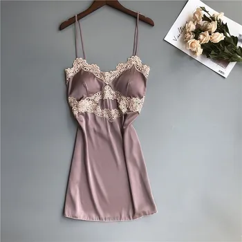 

Satin Casual Soft Nightdress Sexy Mini Lace Blackless Lady Robe Spaghetti Strap Burgundy XXL Kimono Bath Gown Wedding Party Gift