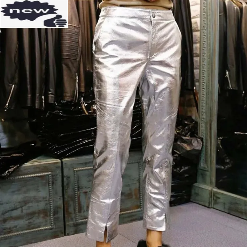 

New Fashion Women Bright Silver Sheepskin Genuine Leather Ankle Length Punk Style Harem Pants Streetwear Female Trousers