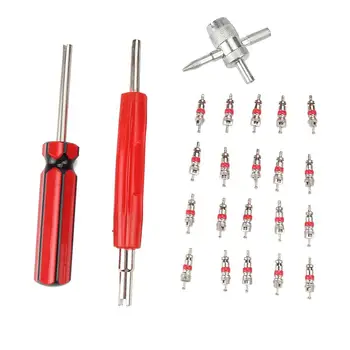 

Tire Valve Repair Tool Set Dual Single Head Valve Core Remover Tools 4-Way Valve Tool and 20 Pcs Brass Valve Cores