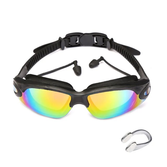 Professional Swimming Goggles Swimming Glasses with Earplugs Nose Clip Electroplate Waterproof Silicone очки для плавания Adluts Black 79-a