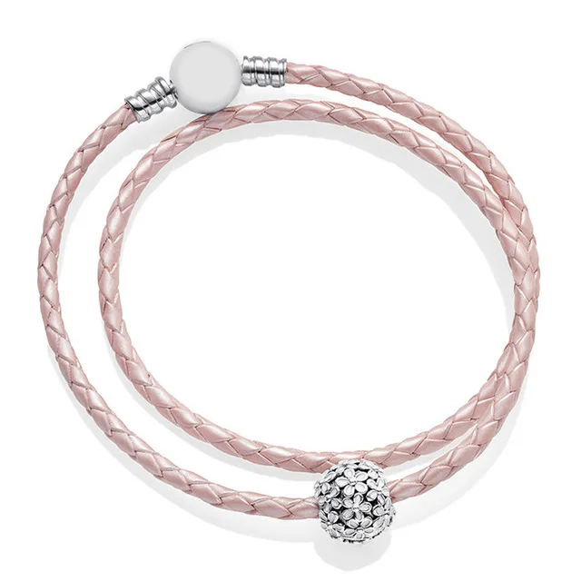 

100%925 Sterling Silver B801200 590745CMP New DARLING DAISY MEADOW CLIP IVORY Pink Fashion Double Leather Bracelet Set