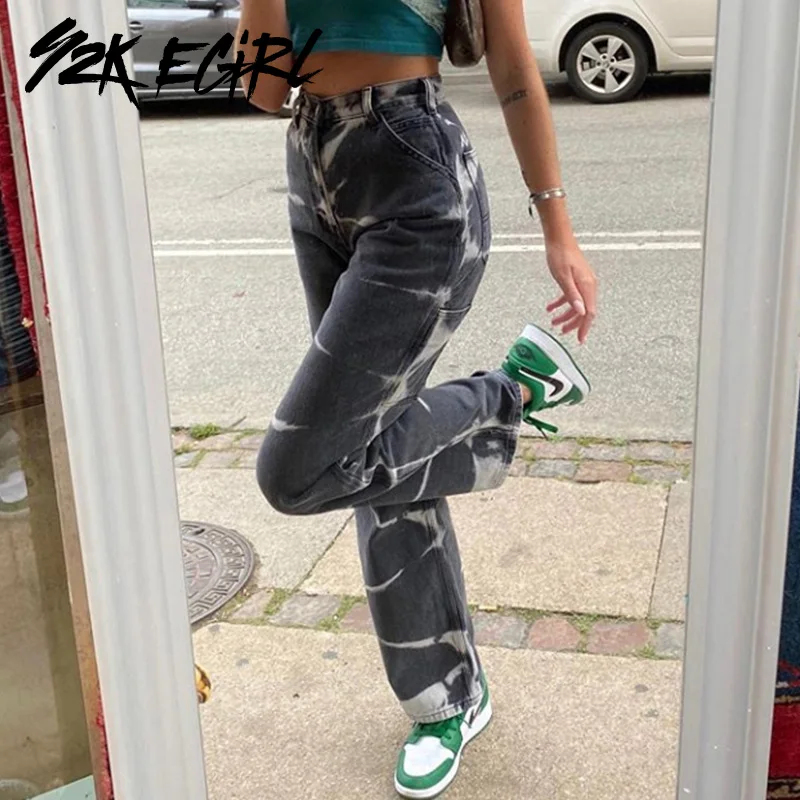 

Y2K EGIRL 2000s Aesthetics Tie Dye High Waist Jeans Vintage 90s Streetwear Gray Denim Trousers Indie Outfits Long Pants Fashion