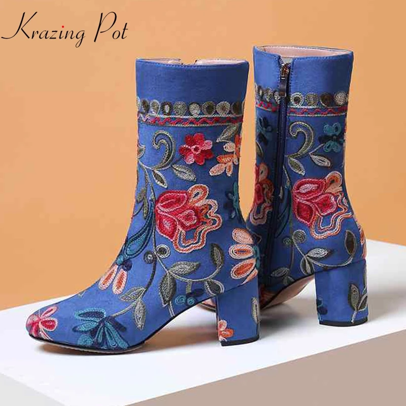

krazing pot new stretch flock Chinese oriental design high heels round toe gorgeous embroidery flowers winter mid-calf boots l2h