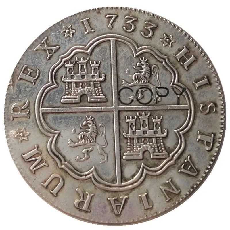 Испания 8 ресл 1731-1733 посеребренные копии монет - Цвет: 1733