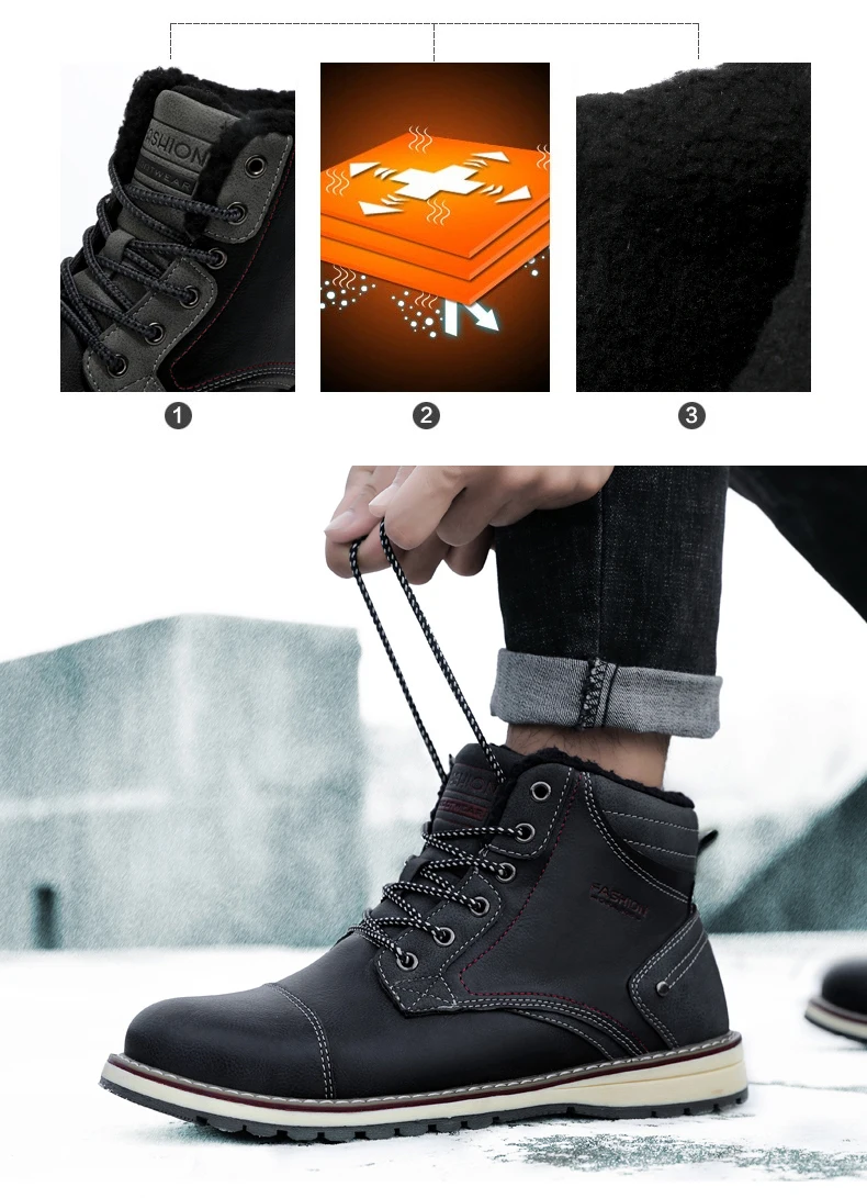 Mens Plush Winter With Fur Warm Ankle Snow Boots for Men Genuine leather Shoes Male Footwear Sports Rubber Running Shoes