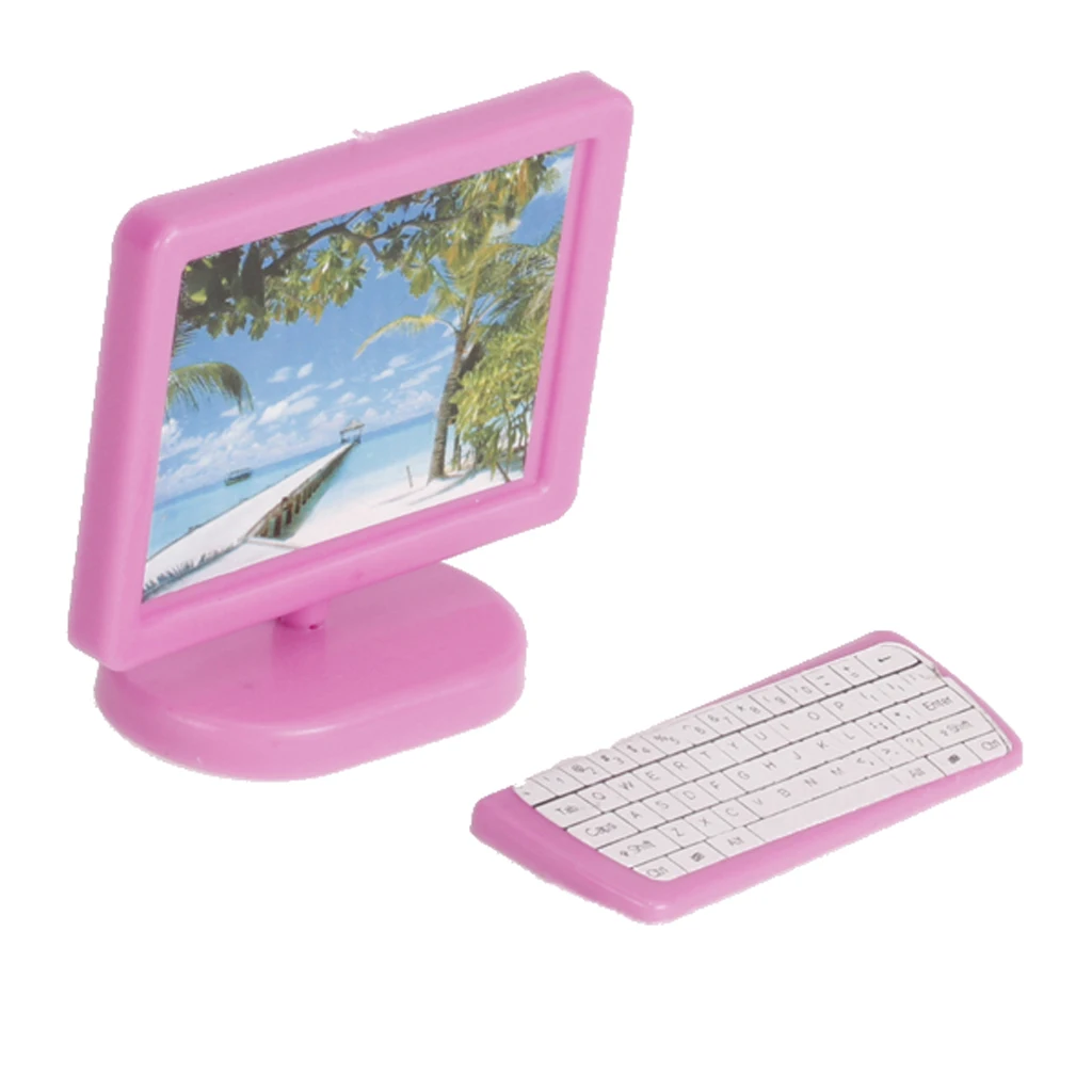 Set of 3PCS Minitor Stand Keyboard Miniature Computer Set FOR  Dolls Educational Study Supplies Pink