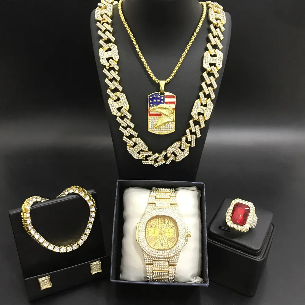 Luxury Men Gold Color Watch &amp Neckalce Braclete Ring Earrings Combo Set Ice Out Cuban Hip Hop In Crystal For | Украшения и