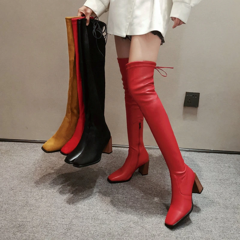 Botas altas elásticas hasta muslo para mujer, botines por encima de la rodilla con tacón cuadrado de 8CM y cabeza redonda, a la moda, Otoño Invierno|Botas sobre la rodilla|