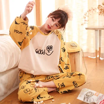 

Yellow 2PCS Young Lady Pajamas Suit Cute Smile Face Print Pyjama Loose Cotton O-Neck Top&Pant Home Wear Spring Autumn Nightwear