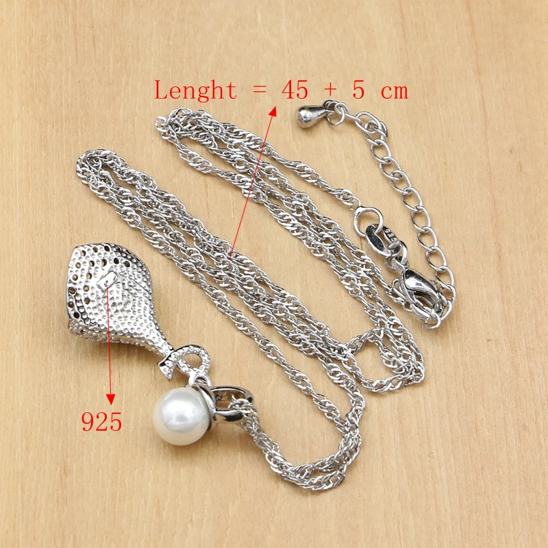 925 Silver Bridal Jewelry Sets White Pearl Zircon  Women Wedding Pendant Drop Earrings Open Rings Morning Glory Necklace Set - 5