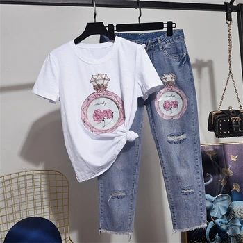 

Fashion Sequins T shirt Denim Set Women Tops 2020 Summer New Flower Short Sleeve T-shirt + Casual Hole Jeans Two Piece Set D3617