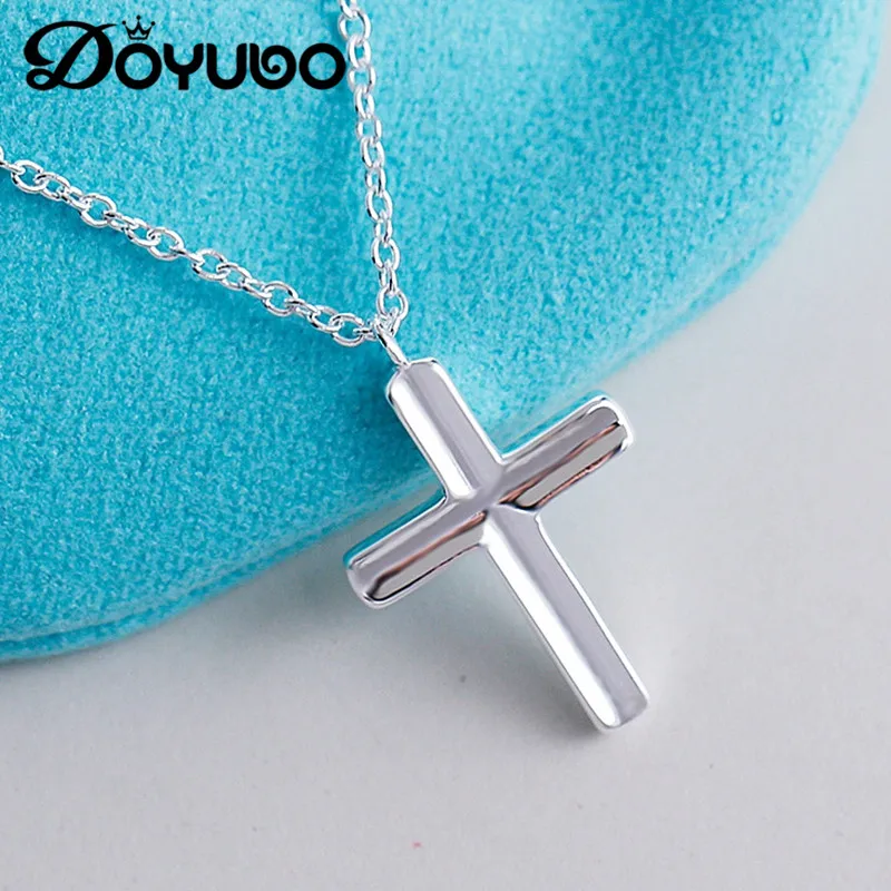 

DOYUBO Fashion Solid Silver Cross Charm Necklace Lady 925 Sterling Silver Cross Pendant Chains Fine Anniversary Jewelry VA230