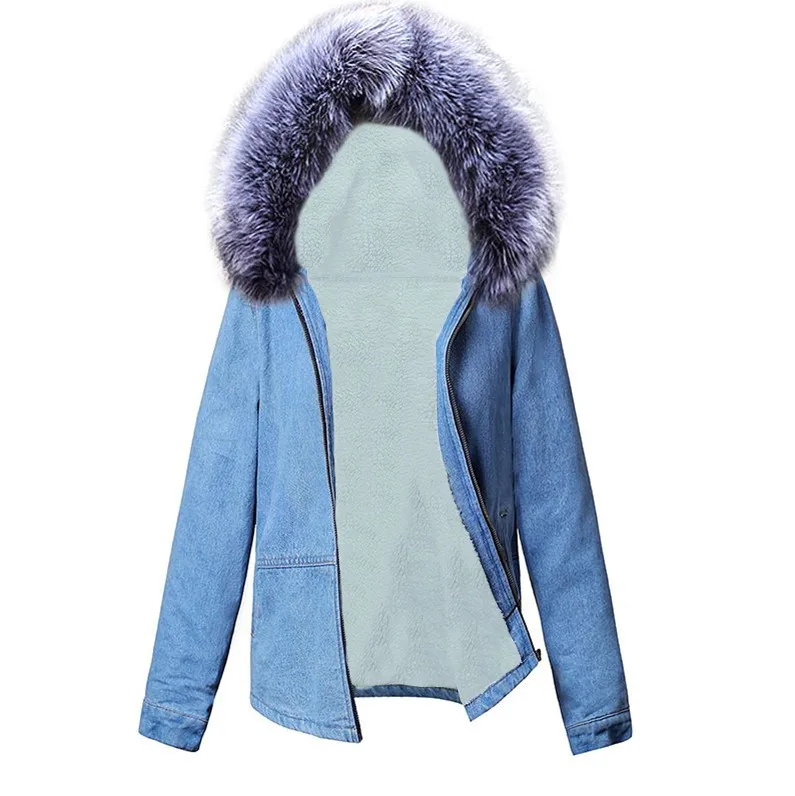 На зимнем меху джинсовая куртка для Для женщин спереди на молнии с капюшоном и карманами, джинсовая куртка с отделкой из меха, подкладка синего цвета бомбардировщик куртка Женское пальто - Цвет: Silver fur