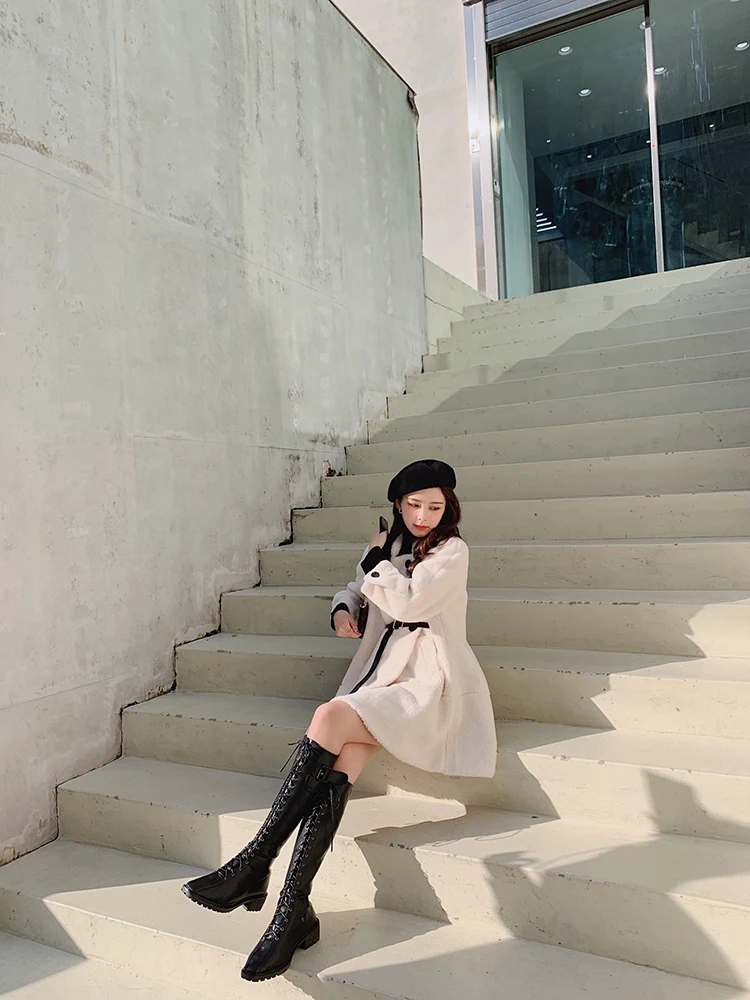 MISHOW Winter Thick Solid Standing collar Lambswool Coat Women Causal Single-breasted Belt Warm Fur Jacket MX19D8329