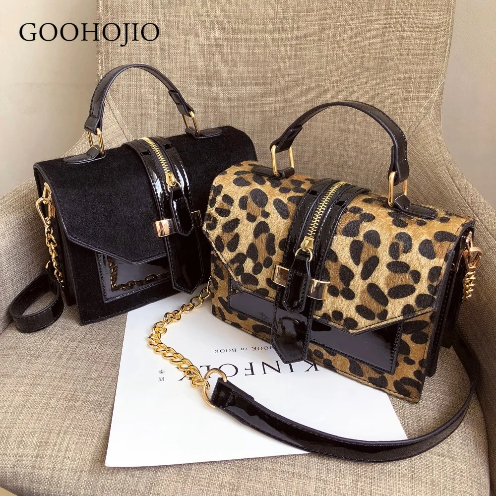 

Leopard Crossbody Bags for Women With Zipper Decoration Ladies Chain Handbags and Purses Patent Leather Small Shoulder Bags
