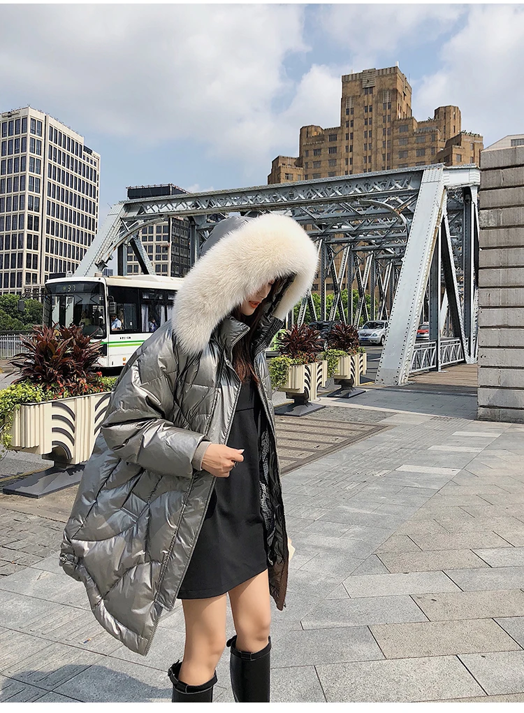 Зимнее женское пуховое пальто с серебряным меховым воротником, женское длинное теплое пуховое пальто с капюшоном на белом утином пуху, Женская куртка