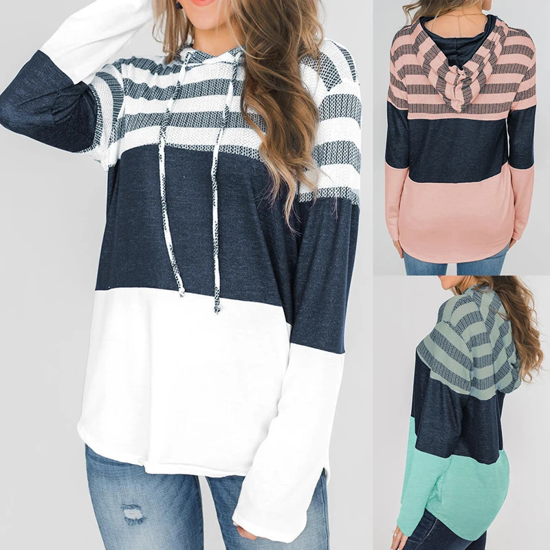 

Striped Print Sweater Coat Drawstring Hoodies For Women Long-Sleeved Sports Pullover Female Running Hooded Tops Plus Size 2XL