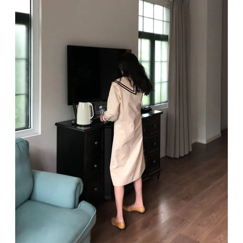

Navy Collar Trench Coat Women's Short-height British Style GIRL'S Mid-length Loose-Fit Lace-up Waist Hugging Coat Autumn 2019 Ne